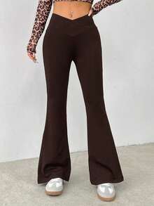 Pantalones acampanados de cintura alta envolvente de unicolor sencillo - Marrón - Ver 7