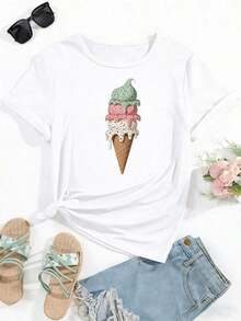 PremiumLoose Y2K Style Black Summer T-Shirt, Decorated With Ice Cream And Waffle Cone Patterns (With Chocolate Sauce Details) - Casual Short Sleeve Crew Neck Top With Brown Cone And Three Layers Of Pink-Green Ice Cream Design - Gift Idea - 白色 - 查看 1