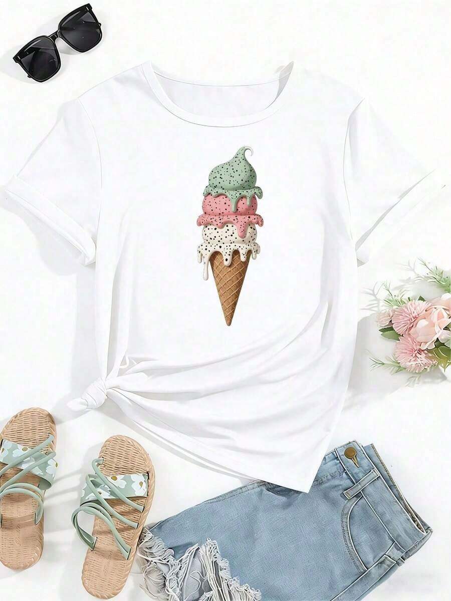 PremiumLoose Y2K Style Black Summer T-Shirt, Decorated With Ice Cream And Waffle Cone Patterns (With Chocolate Sauce Details) - Casual Short Sleeve Crew Neck Top With Brown Cone And Three Layers Of Pink-Green Ice Cream Design - Gift Idea - 白色 - 查看 1