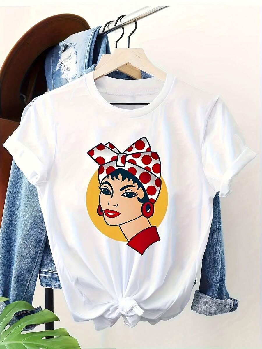 Lady, Elegant Party Outfit, T-Shirt For Elegant Ladies, Blouses Suitable For Curvy Women, Casual Clothing, Cool And Sweat-Free Clothing In Summer, Fun Letter Print - 白色 - 查看 1