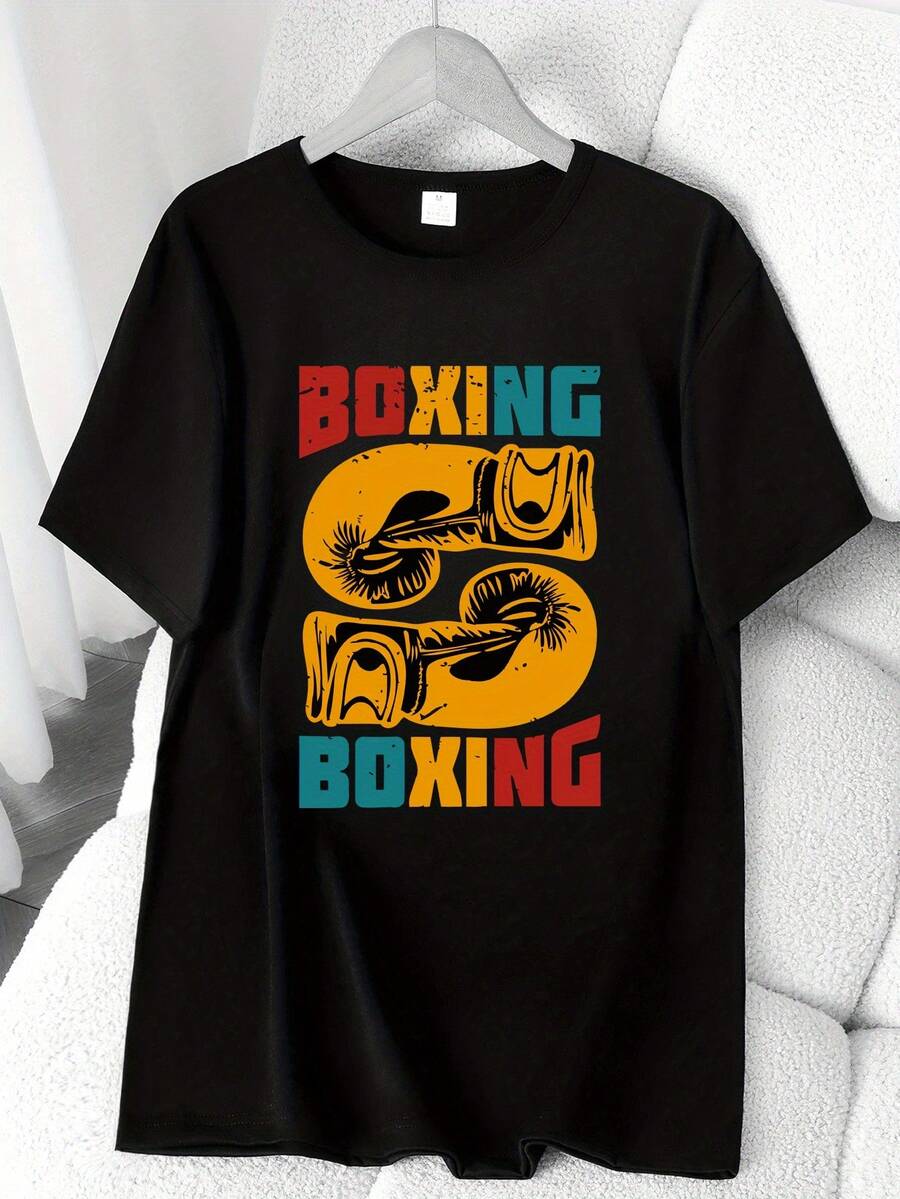 Boxing Gloves, Colorful English Print T-Shirt. Available In 6 Colors, Short Sleeve, Round Neck, High-Elasticity Casual Sports Top. Machine Washable. Suitable For Spring And Summer. Can Be Worn In All Seasons. Women's Clothing. Elegant Party Outfit, T-Shirt For Elegant Ladies, Blouses Suitable For Curvy Women, Casual Wear, Cool And Sweat-Free Summer Clothing, Fun Letter Print. - 黑色 - 查看 1