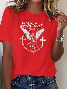 Women's T-Shirt With Guardian Angel Design - Guardian Angel Design, Religious Symbol T-Shirt, Soft Casual Top For Everyday Wear (Machine Washable) - Christian Faith Clothing, Ode To Faith, Comfortable Fabric, Spiritual Explorer, Elegant Party Outfit, T-Shirt For Elegant Ladies, Blouses Suitable For Curvy Women, Casual Clothing, Cool And Sweat-Free Clothing In Summer, Fun Letter Print - 紅色 - 查看 6
