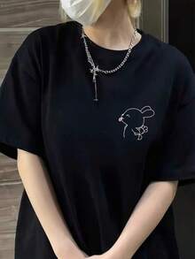 1pc Camisetas Para Mujer Camiseta divertida de conejo diseño únicos casual manga corta cómoda para jóvenes estilo urbano moderna negra talla S-M-L ropa de moda popular Camiseta De Manga Corta De Algodón - Negro - Ver 1