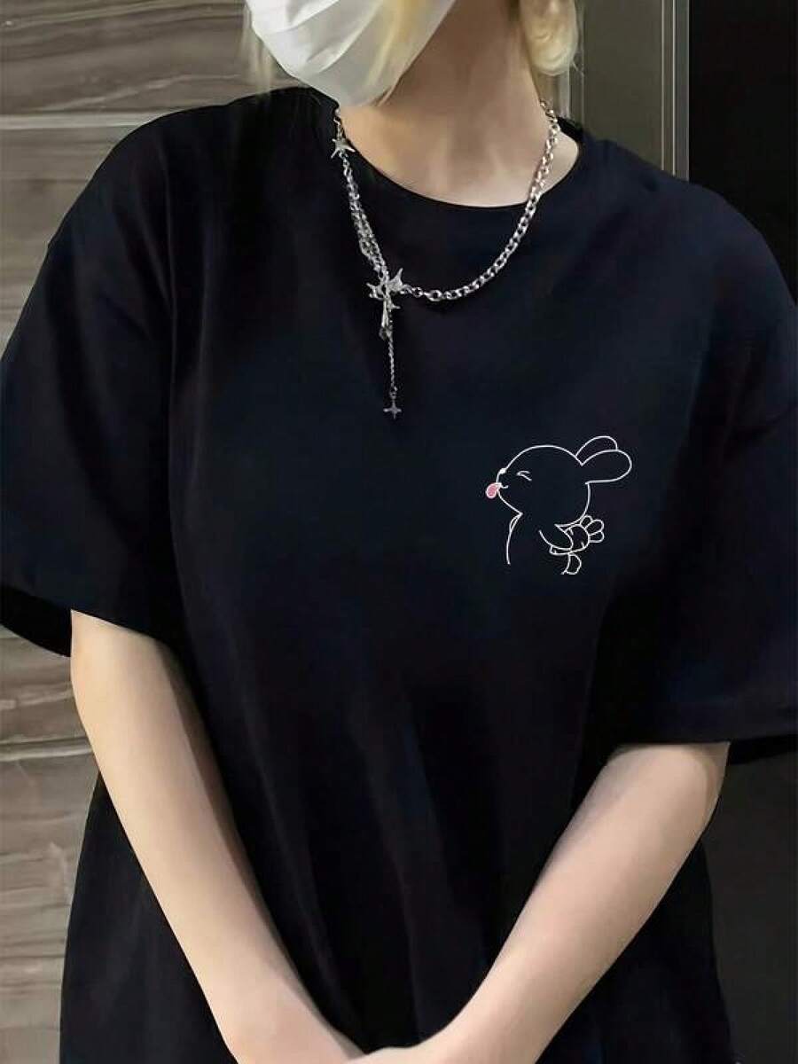 1pc Camisetas Para Mujer Camiseta divertida de conejo diseño únicos casual manga corta cómoda para jóvenes estilo urbano moderna negra talla S-M-L ropa de moda popular Camiseta De Manga Corta De Algodón - Negro - Ver 1