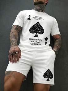Conjunto de camiseta de manga corta transpirable de color liso y pantalones cortos con cintura de cordón para hombre, casual para uso diario y verano - Blanco - Ver 3