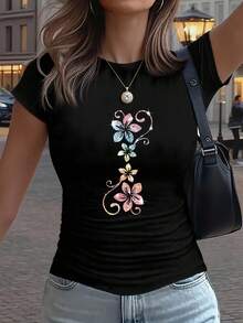 Artistic Floral Print - Y2K Style - Women's Casual T-Shirt, Elegant, Sporty, Small Size, Slim Fit, Solid Color, With Detailed Pleats At The Waist, Round Neck, Short Sleeve, Suitable For Four Seasons. - 黑色 - 查看 3