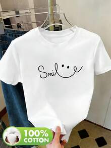 Women's T-Shirt, Round Neck, 100% Cotton, Casual Summer Style, Breathable, For Spring/Summer/Autumn (Machine Washable), Suitable For Casual Sportswear, Comfortable And Breathable, Short Sleeve T-Shirt For Women, Round Neck T-Shirt For Women, Night Out T-Shirts For Women - 白色 - 查看 1