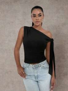 Blusa elegante de mujer con cuello asimétrico y hombro oblicuo con lazo, adecuada para uso diario, citas, salidas, discoteca, fiestas y reuniones - Multicolor - Ver 6