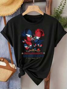 Short-Sleeve Soft Graphic T-Shirts Women's Soft And Breathable Short Sleeve T-Shirt With Butterfly And Letter Print - Casual Crew Neck Blouse, Machine Washable Polyester Fabric For Summer Casual Wear - Non-Casual Top In Stock (Regular Fit) 100% Cotton - 黑色 - 查看 1