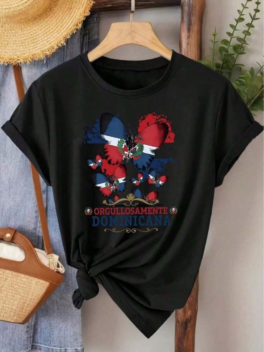 Short-Sleeve Soft Graphic T-Shirts Women's Soft And Breathable Short Sleeve T-Shirt With Butterfly And Letter Print - Casual Crew Neck Blouse, Machine Washable Polyester Fabric For Summer Casual Wear - Non-Casual Top In Stock (Regular Fit) 100% Cotton - 黑色 - 查看 1