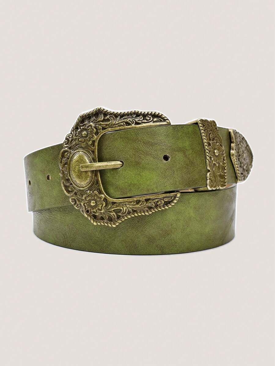 1 pieza Cinturón de hombre verde oliva, estilo BOHO, hebilla de una sola púa estilo vaquero occidental vintage, adecuado para camisas, pantalones, shorts, abrigos, chaquetas, ideal para vacaciones, primavera, calle, uso diario, trabajo, playa, fiesta, festival de música - Verde Oliva - Ver 1