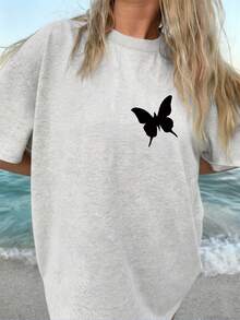 | Exquisite Design | Loose And Comfortable | Easy To Match | [Double-Sided Print] Women's Loose-Fitting Spring/Summer T-Shirt, Vintage Style With Butterfly Print. Short-Sleeved, Round Neck, Pure Cotton, Loose Fit, And Dropped Shoulders. [Lang] - 白色 - 查看 1