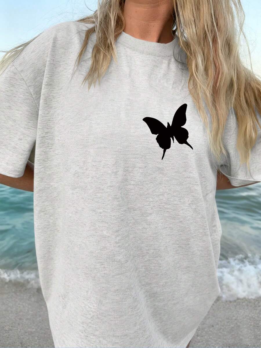 | Exquisite Design | Loose And Comfortable | Easy To Match | [Double-Sided Print] Women's Loose-Fitting Spring/Summer T-Shirt, Vintage Style With Butterfly Print. Short-Sleeved, Round Neck, Pure Cotton, Loose Fit, And Dropped Shoulders. [Lang] - 白色 - 查看 1