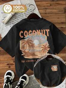 | Exquisite Design | Loose And Comfortable | Easy To Match | [Double-Sided Print] Women's Spring And Summer Top, Pure Cotton Women's T-Shirt, Sunset Coconut Tree Print, Short Sleeve, Vintage Style, Casual, Comfortable, Breathable, For Everyday Wear [Hong Kong] - 黑色 - 查看 7