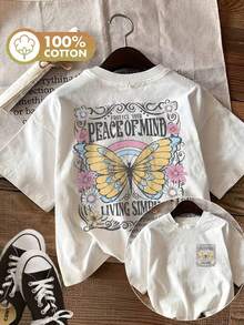 | Exquisite Design | Loose And Comfortable | Easy To Match | [Double-Sided Print] Women's Summer T-Shirt, Vintage Casual Style, Butterfly And Flower Print With The Phrase 'PROTECT YOUR PEA', Round Neck, Pure Cotton, Short Sleeve [Ling] - 白色 - 查看 8