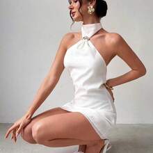 Elegante y delicado vestido camisero con decoración metálica y espalda descubierta, ropa de verano, ropa de playa, ropa de resort, ropa de resort bohemia y tropical, atuendo para conciertos, fiestas rave, festivales de música country, elegante atuendo para citas nocturnas, vestido de verano para mujer, vestido para té de la tarde, vestido blanco de graduación, atuendo de celebración para festivales de música, vestido con espalda descubierta - Celeste - Ver 6