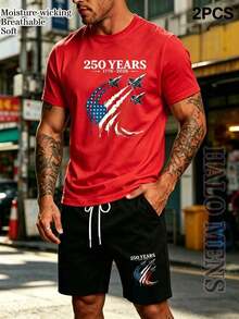 [Free Shipping]Men 2PCS 250 Years 1776-2026 Patriotic Jet USA Flag Graphic Outfit Set, Crew Neck Short Sleeve T-Shirt Top And Elastic Drawstring Waist Shorts, Soft Breathable Moisture-Wicking Cotton Mens Short Sleeve Tee And Casual Shorts, American Independence Day Streetwear Athletic Summer Tracksuit, Casual Sport Loungewear Two Piece Matching Suit, Multiple Colors Available, Holiday Celebration Workout Jogging Casual Short Sleeve Tops And Shorts Sport Set For Men Men Shorts Sets Men's Summer Outfit Set Gia 2 Piece Men Gifts - phong cách - Xem 5