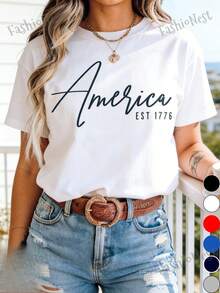 American Flag 250th Anniversary Commemorative T-Shirt - 1776 Independence Day 250th Anniversary Print, Casual Short Sleeve Crew Neck T-Shirt 100% Cotton, Suitable For Independence Day, Heroes Day And 250th Anniversary Celebrations. - 白色 - 查看 1