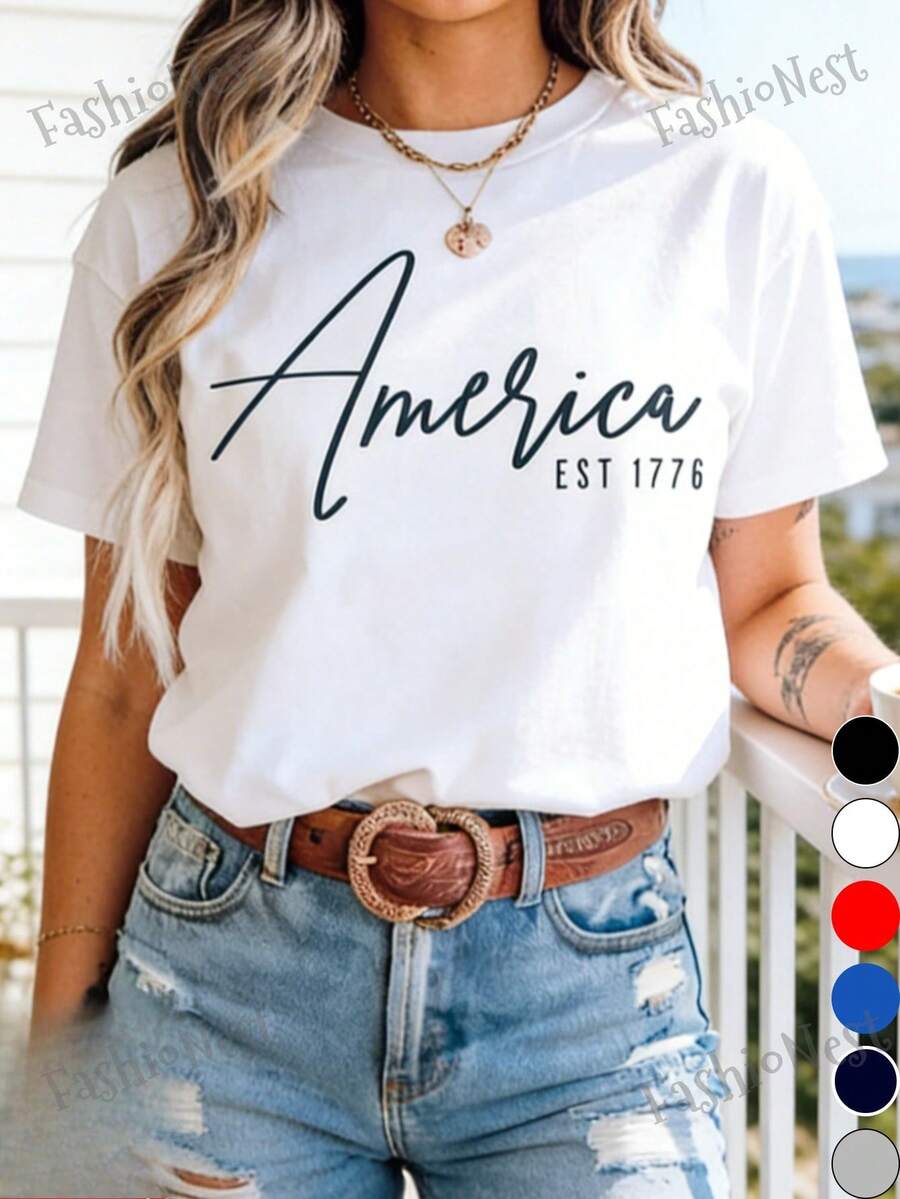 American Flag 250th Anniversary Commemorative T-Shirt - 1776 Independence Day 250th Anniversary Print, Casual Short Sleeve Crew Neck T-Shirt 100% Cotton, Suitable For Independence Day, Heroes Day And 250th Anniversary Celebrations. - 白色 - 查看 1