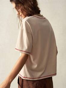 Y2K Style, Fashionable Style, 2026 Newest, Cute Style, Casual Style. Women's Casual Crew Neck Loose Fit Short Sleeve Solid Color Knit T-Shirt 180g (S-XXXL) - 杏 - 查看 4