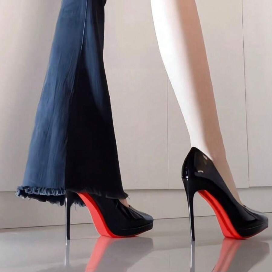 Spring And Summer Height-Enhancing Black High-Heeled Shoes With Red Soles, New Fashion Style, Patent Leather Pointed Toe Professional Shoes - 裸色紅底11厘米 - 查看 1