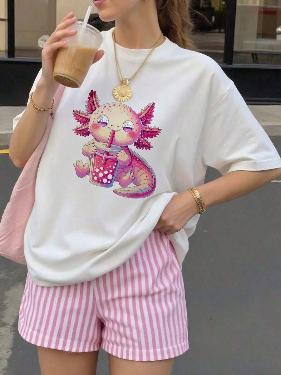 Axolotl-Bubble-Boba-Tea-Cute-Kawaii-Axolotl-T-Shirt - 白色 - 查看 1
