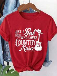 Women's Casual Spring/Summer T-Shirt From The Mexico National Soccer Team, With Round Neck And Short Sleeves, Printed With White Letters And A Guitar And Denim Design, Made Of Breathable And Machine Washable Fabric, Suitable For All Seasons, Comfortable, Loose Fit And Plus Size, Ideal For Summer. - 紅色 - 查看 6