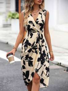 Women's Floral Print Overlap V-Neck Sleeveless Elegant Dress For Vacation - Multicolor - View 5