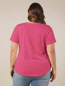 BASICS Camiseta casual versátil de manga corta y cuello en V de talla grande para mujer - Rosa Fucsia - Ver 2