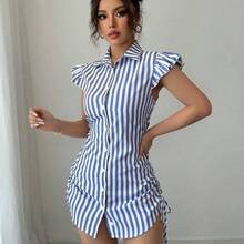 Vestido camisa elegante de vacaciones con mangas acampanadas, cintura fruncida y rayas azules - Amarillo - Ver 5