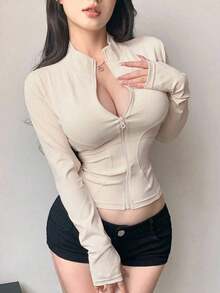 Chaqueta Ajustada Con Cierre De Cremallera Para Mujer - Beis 2 - Ver 2