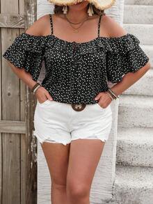 Camiseta romántica con volantes y escote descubierto de corazoncitos para vacaciones, talla grande.Ideal para fiesta casual, picnic o San Valentín. - Negro - Ver 7