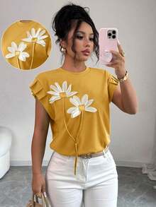 Camiseta de mujer con flores tridimensionales lindas y contrastantes para verano y otoño - Amarillo - Ver 8