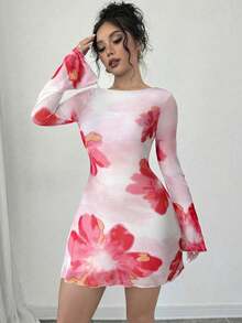 Vestido mini de malla con espalda abierta y estampado floral para mujer, vestido de manga trompeta para el Día de San Valentín, vestido con flores posicionadas, vestido mini de espalda baja, vestidos para vacaciones, vestidos de gran estampado floral para playa y vacaciones, vestido mini de manga de malla, apto para ir al trabajo, elegante, sexy, vacaciones, playa, Hawái, romance, citas, fiesta, concierto, disfraz para actuaciones, temporada de bodas, inicio de curso, Día de San Valentín - Multicolor - Ver 3