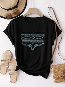 Women's Western Style Print Short Sleeve T-Shirt - 黑色 - 查看 2