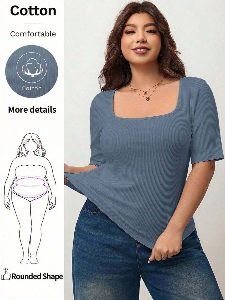Camiseta de manga corta de cuello cuadrado de ajuste ceñido y elástica para mujer de talla grande, camiseta primavera y verano amigable con la piel, compatible con curvas redondeadas del Body, compatible con la forma del Body redondeada de Apple/20 - Azul marino - Ver 1