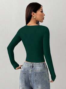Camiseta de manga larga de ajuste ceñido de unicolor y cuello redondo para mujer, adecuada para verano y otoño/invierno, top azul marino, top de manga larga azul, top azul para mujer, tops ajustados para mujer, top de cuello de pico para mujer - Verde Oscuro - Ver 2