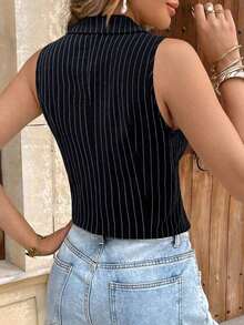 Frenchy Chaleco casual de mujer con cuello de solapa a rayas y abotonadura sencilla, casual de negocios para otoño/invierno - Negro - Ver 2