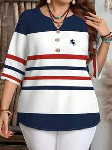Camisa casual de manga corta a rayas en blanco y negro con botones delanteros, estilo preppy, para mujer de talla grande.Camisa de verano para mujer, estilo de vacaciones campestres, estilo bohemio para mujer. - Multicolor 3 - Ver 3