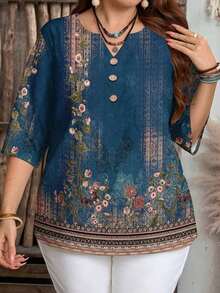 Camisa de mujer casual de cuello con muesca y manga 3/4 con estampado, para verano - Multicolor 3 - Ver 6