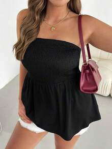 Blusa sin tirantes de rayas negras y blancas, versátil, cómoda y estilizadora, para mujer talla grande, ideal para primavera/verano, vacaciones y salidas, estilo europeo de verano - Negro - Ver 4