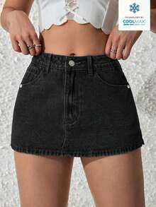 Pantalones cortos de mezclilla casuales y versátiles de unicolor con bolsillo para mujer - Negro - Ver 3