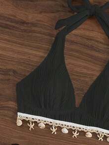 Swim Set de 2 piezas de Top halter y Bottom de bikini en forma de triángulo "V" con decoración de concha y estampado floral de color albaricoque para mujer en vacaciones de verano en la playa - Negro - Ver 5