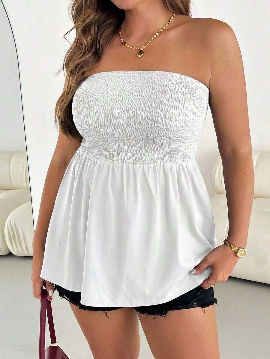 Blusa sin tirantes de rayas negras y blancas, versátil, cómoda y estilizadora, para mujer talla grande, ideal para primavera/verano, vacaciones y salidas, estilo europeo de verano - Blanco - Ver 1
