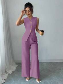 Traje casual/de oficina elegante de mujer con decoración de botones con estampado floral - Púrpura malva - Ver 6