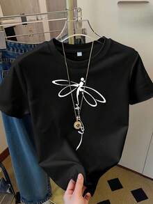 Monochromatic Ode To The Elegance Of Nature, Standard Size, Women's Casual Home T-Shirt, Printed, Round Neck, Sheer Short Sleeve - 黑色 - 查看 12