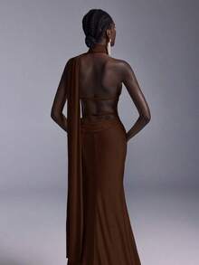 Vestido largo de sirena con espalda abierta y ajustado, de estilo minimalista, adecuado para asistir a fiestas formales, reuniones y galas formales de damas - Marrón - Ver 8