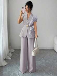 Traje formal elegante de mujer color albaricoque, conjunto de blazer con cuello de volantes de organza con lentejuelas y cintura con lazo, que incluye chaqueta sin mangas y pantalones rectos, color burdeos, adecuado para Halloween, Navidad, - Gris - Ver 7