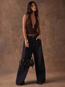 Top halter corto con espalda descubierta y nudo delantero, de tela texturizada y unicolor, para mujer, ideal para vacaciones en la playa - Café integral 2 - Ver 4