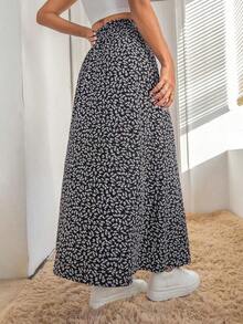 Falda De Verano Para Mujeres Con Estampado Floral Pequeño Y Abertura De Muslo - Blanco y Negro - Ver 2